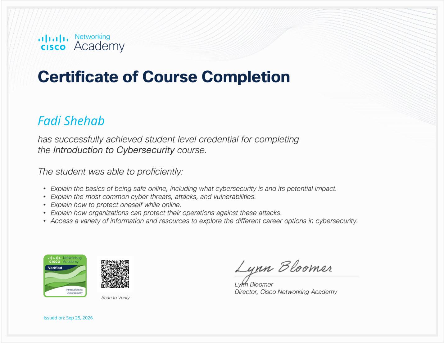 Cisco Introduction to Cybersecurity certificate