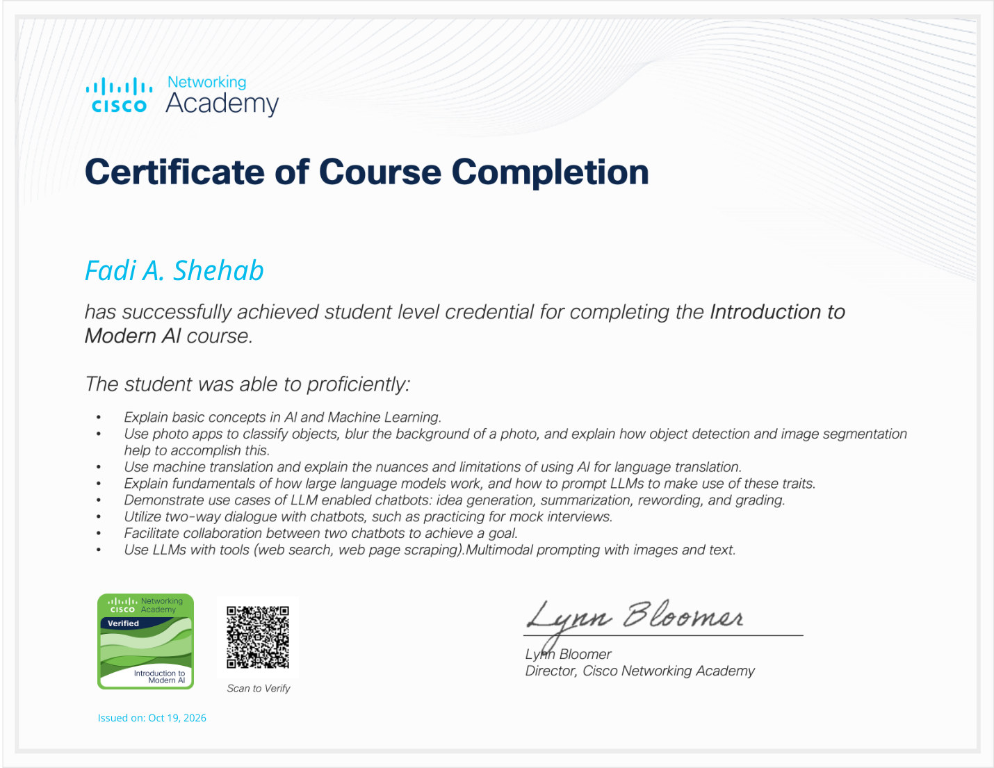 Cisco Introduction to Modern AI certificate