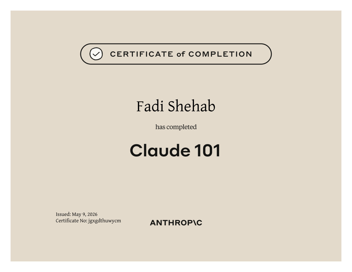 Claude 101 certificate from Anthropic