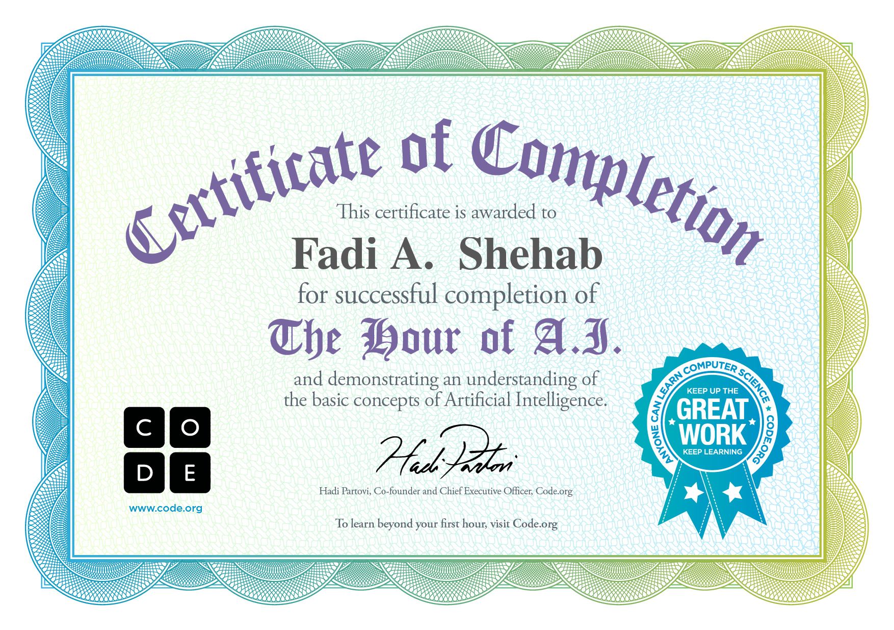 The Hour of A.I. certificate from Code.org